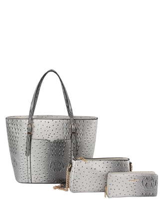 3in1 Crocodile Skin Tote bag Clutch Wallet Set LMD005-Z  SILVER